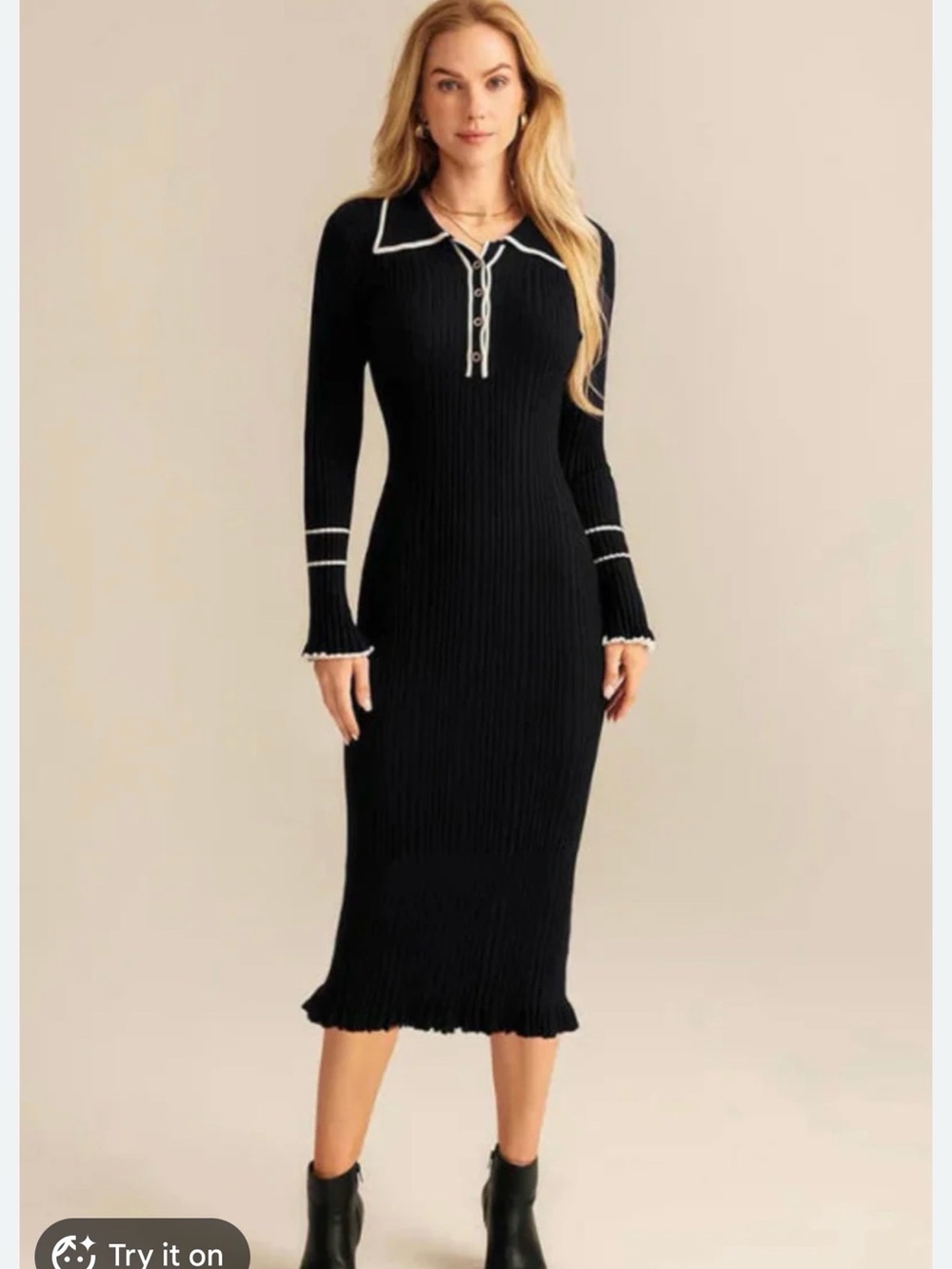 NWT Grace Karin Black Ribbed Midi Dress with White Trim